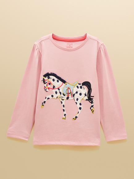 Joules Kids' Ava Cotton Long Sleeve Applique Top, Pink, Pink