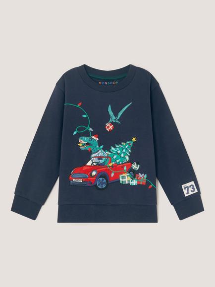 Monsoon Kids' Cotton Dinosaur Christmas Jumper, Navy, Navy