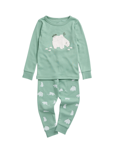 MORI Kids' Polar Bear Snooze Long Sleeve Pyjama Set, Green/Multi, Green/Multi