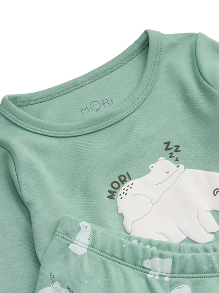 MORI Kids' Polar Bear Snooze Long Sleeve Pyjama Set, Green/Multi - view 2, Green/Multi