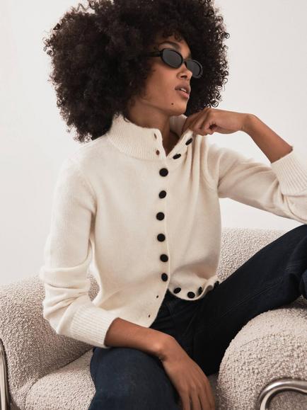 Mint Velvet High Neck Cardigan, Ivory - view 2, Ivory