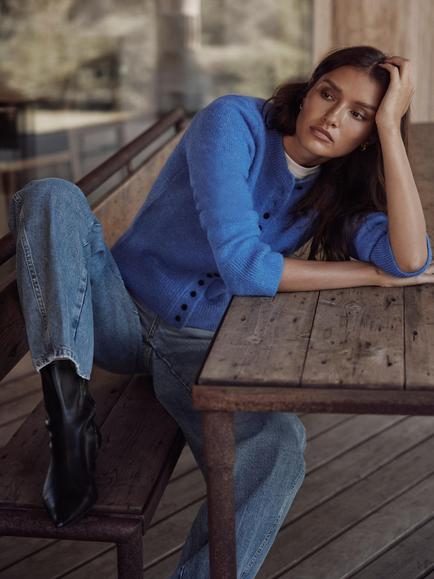 Mint Velvet Wool Rich Button Detail Cardigan, Blue, Blue