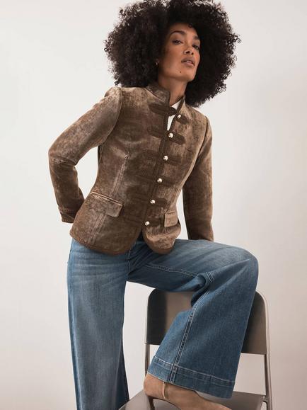 Mint Velvet Stand Collar Velvet Jacket, Khaki - view 2, Khaki