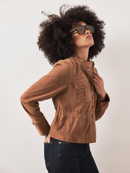 Mint Velvet Suede Peplum Jacket, Tan - view 2, Tan