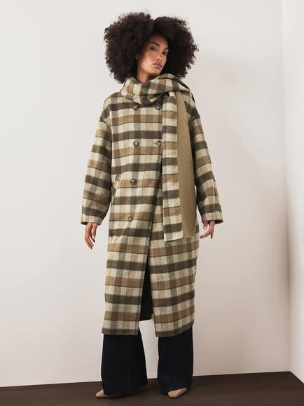 Mint Velvet Hand-Finished Check Longline Coat, Green Khaki, Green Khaki