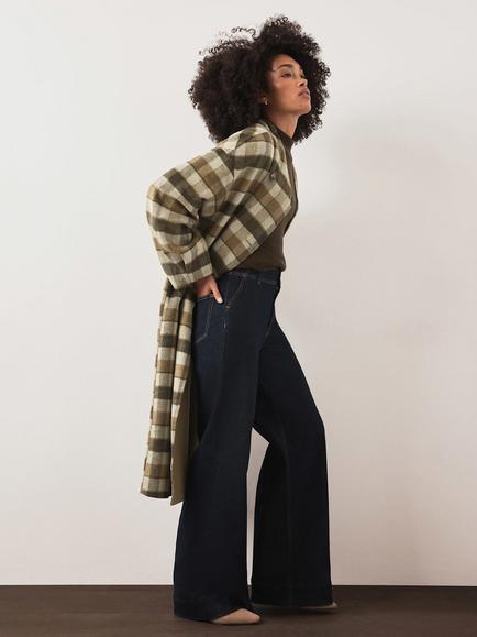 Mint Velvet Hand-Finished Check Longline Coat, Green Khaki - view 2, Green Khaki