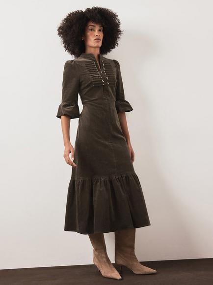 Mint Velvet Corduroy Midi Dress, Khaki, Khaki