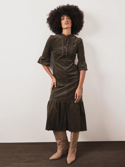 Mint Velvet Corduroy Midi Dress, Khaki - view 2, Khaki