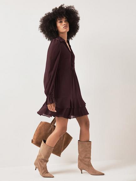 Mint Velvet Ruffle Mini Dress, Red Burgundy - view 2, Red Burgundy
