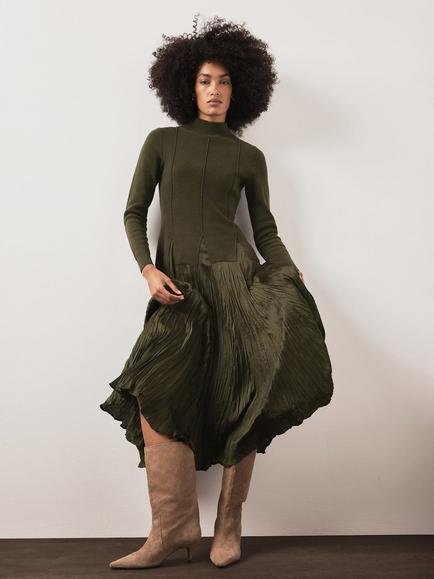 Mint Velvet Layered Knit Midi Dress with Cashmere, Green - view 2, Green