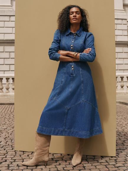 Mint Velvet Denim Midi Shirt Dress, Blue, Blue