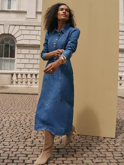 Mint Velvet Denim Midi Shirt Dress, Blue - view 2, Blue