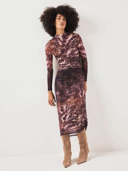 Mint Velvet Abstract Print Mesh Midi Dress, Red Burgundy, Red Burgundy