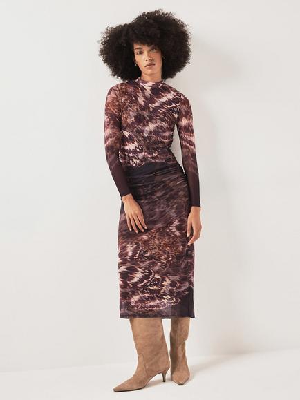 Mint Velvet Abstract Print Mesh Midi Dress, Red Burgundy - view 2, Red Burgundy