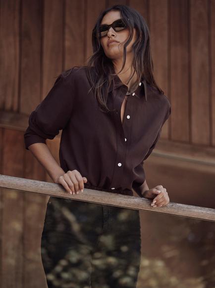 Mint Velvet Blend Lyocell Blend Tailored Shirt, Brown/Multi