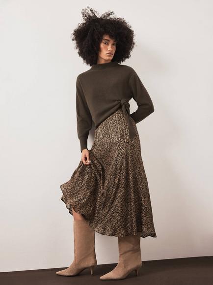 Mint Velvet Floral Print Midi Skirt, Khaki, Khaki