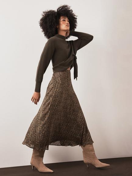 Mint Velvet Floral Print Midi Skirt, Khaki - view 2, Khaki