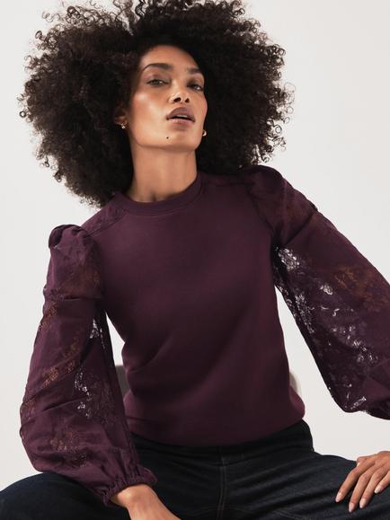 Mint Velvet Long Lace Sleeve Sweatshirt, Burgundy, Burgundy