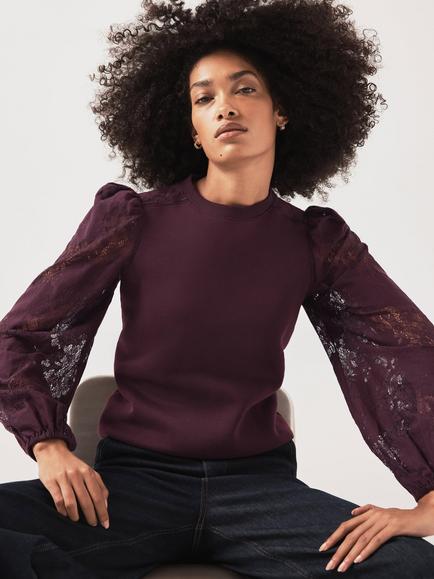 Mint Velvet Long Lace Sleeve Sweatshirt, Burgundy - view 2, Burgundy