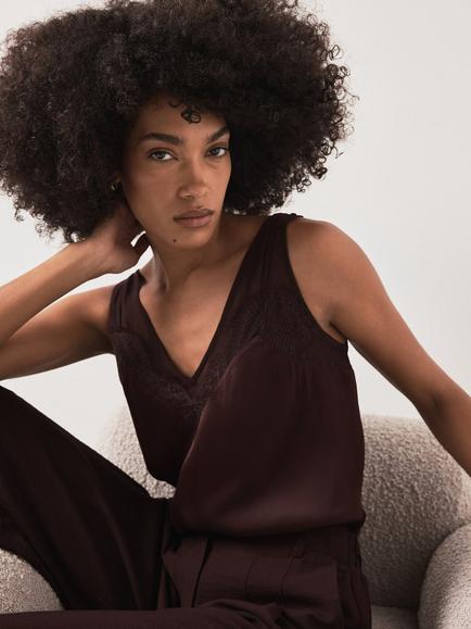 Mint Velvet Lace V-Neck Camisole Top, Red Burgundy - view 2, Red Burgundy