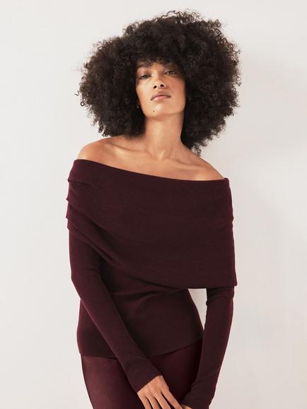 Mint Velvet Asymmetric Bardot  Neckline Top, Red Burgundy, Red Burgundy