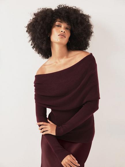 Mint Velvet Asymmetric Bardot  Neckline Top, Red Burgundy - view 2, Red Burgundy