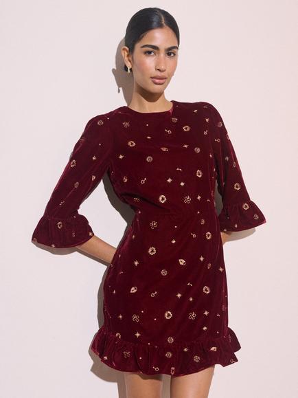 Nobody's Child Elizabeth Scarlett Fleur Embroidered Velvet Mini Dress, Burgundy - view 2, Burgundy