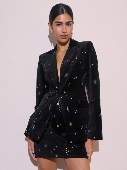 Nobody's Child Elizabeth Scarlett Celestial Embroidered Velvet Blazer, Black/Silver, Black/Silver