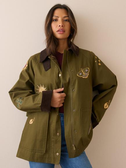 Nobody's Child Elizabeth Scarlett Cord Collar Embroidered Trophy Jacket, Khaki/Multi - view 2, Khaki/Multi