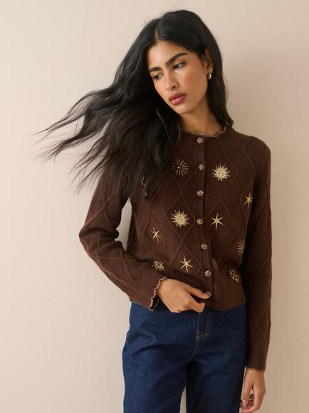 Nobody's Child Elizabeth Scarlett Wool Blend Embroidered Motif Cardigan, Brown/Gold, Brown/Gold