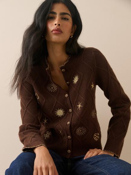 Nobody's Child Elizabeth Scarlett Wool Blend Embroidered Motif Cardigan, Brown/Gold - view 2, Brown/Gold