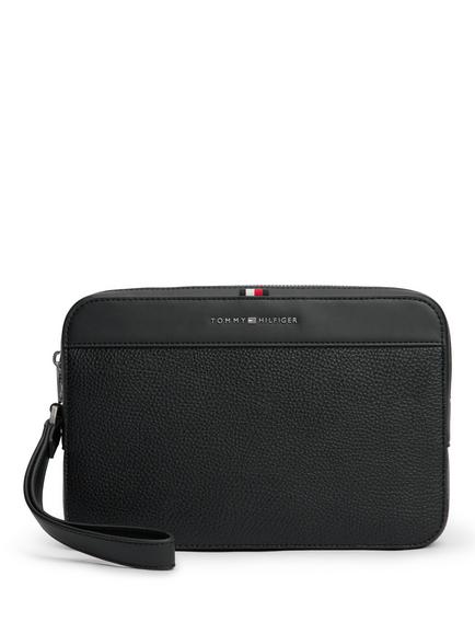 Tommy Hilfiger Metal Logo Textured Pouch Purse, Black, Black