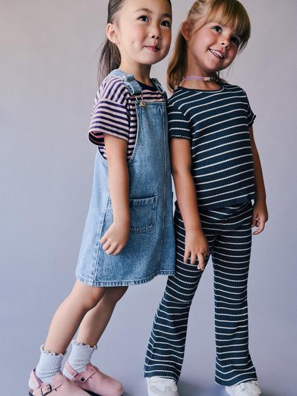 Mango Kids' Pichi Denim Square Neck Pinafore Dress, Mid Blue, Mid Blue