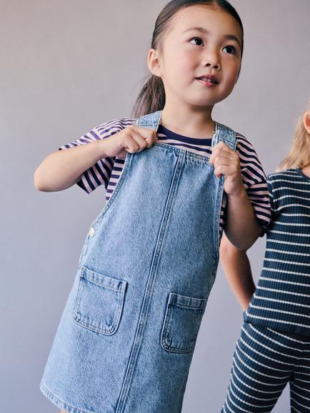 Mango Kids' Pichi Denim Square Neck Pinafore Dress, Mid Blue - view 2, Mid Blue