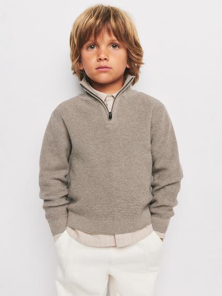 Mango Kids' Half Zip Knitted Jumper, Taupe