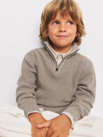 Mango Kids' Half Zip Knitted Jumper - view 2, Taupe
