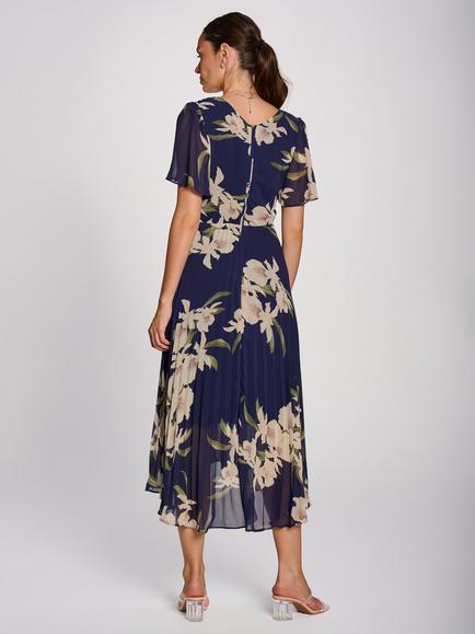 Jolie Moi Floral Pleated Midi Dress, Navy/Multi - view 2, Navy/Multi