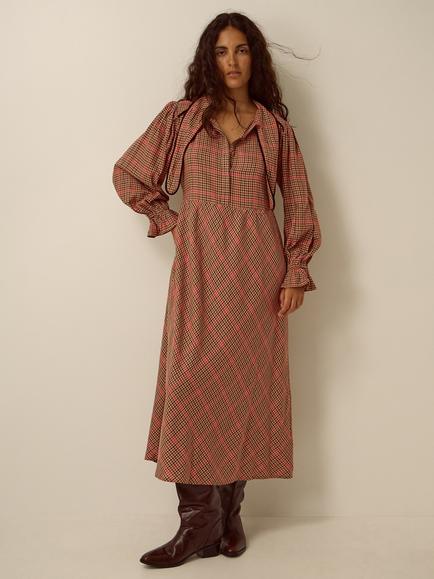 Monsoon Shelly Check Tie Neck Midi Dress containing LENZING™ ECOVERO™ Viscose, Pink, Pink