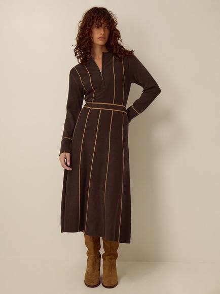 Monsoon Zola Stripe Zip Neck Midi Dress containing LENZING™ ECOVERO™ Viscose, Chocolate, Chocolate