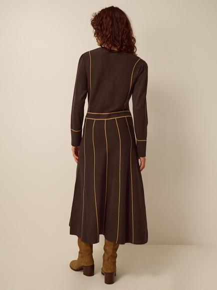 Monsoon Zola Stripe Zip Neck Midi Dress containing LENZING™ ECOVERO™ Viscose, Chocolate - view 2, Chocolate