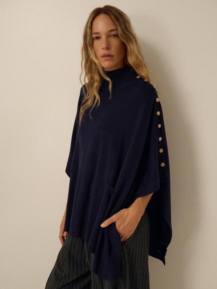 Monsoon Button Embellished High Neck Cape containing LENZING™ ECOVERO™ Viscose, Navy, Navy