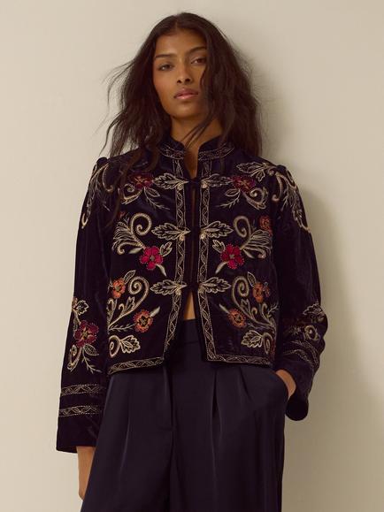 Monsoon Frankie Floral Velvet Jacket, Black, Black