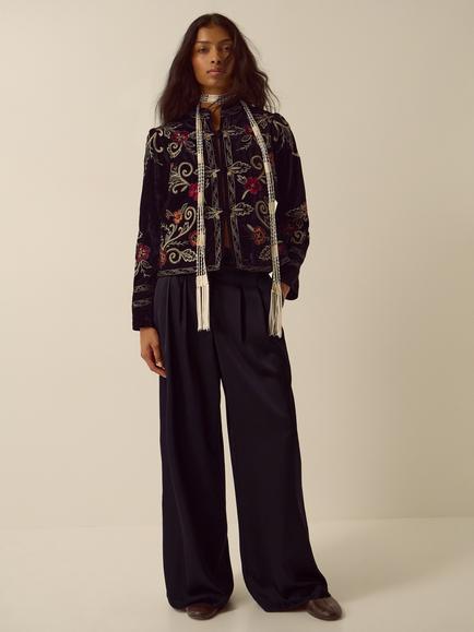 Monsoon Frankie Floral Velvet Jacket, Black - view 2, Black