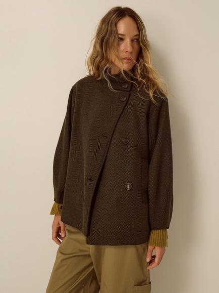 Monsoon Pip Herringbone High Neck Coat, Green, Green