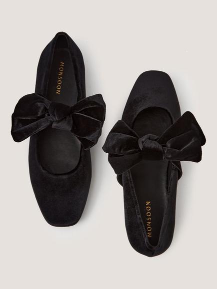 Monsoon Jolie Velvet Bow Ballet Flats, Red - view 2, Black