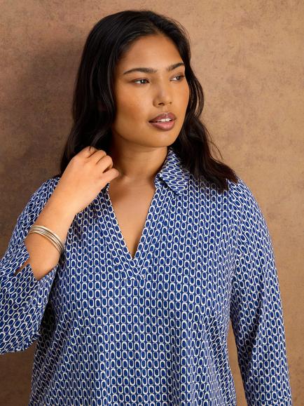 Live Unlimited Petite Geo Print V-Neck Collared Jersey Top, Blue - view 2, Blue