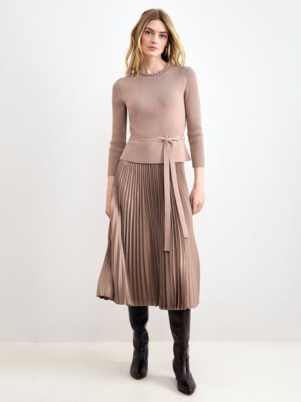 Phase Eight Jodie Pleated Peplum Knit Midi Dress, Tan, Tan