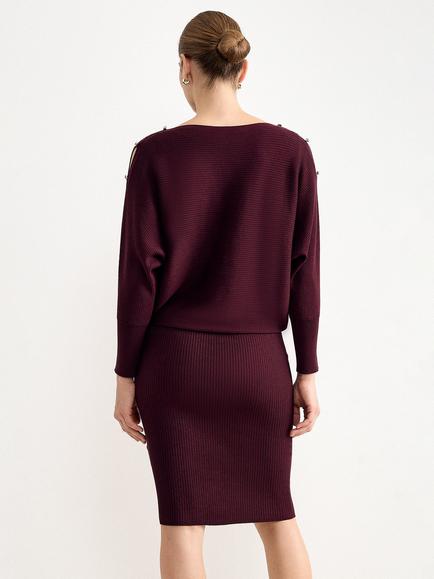 Phase Eight Long Becca Ribbed Dress, Burgundy - view 2, Burgundy