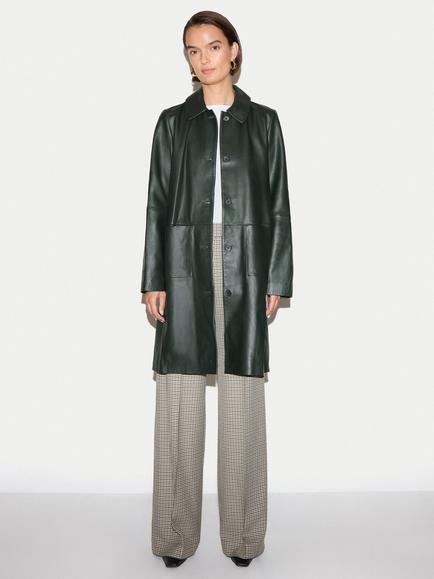 Jigsaw Knee Length Leather Coat, Dark Green, Dark Green