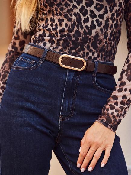 Sosandar Croc Effect Skinny Leather Belt, Chocolate Brown - view 2, Chocolate Brown